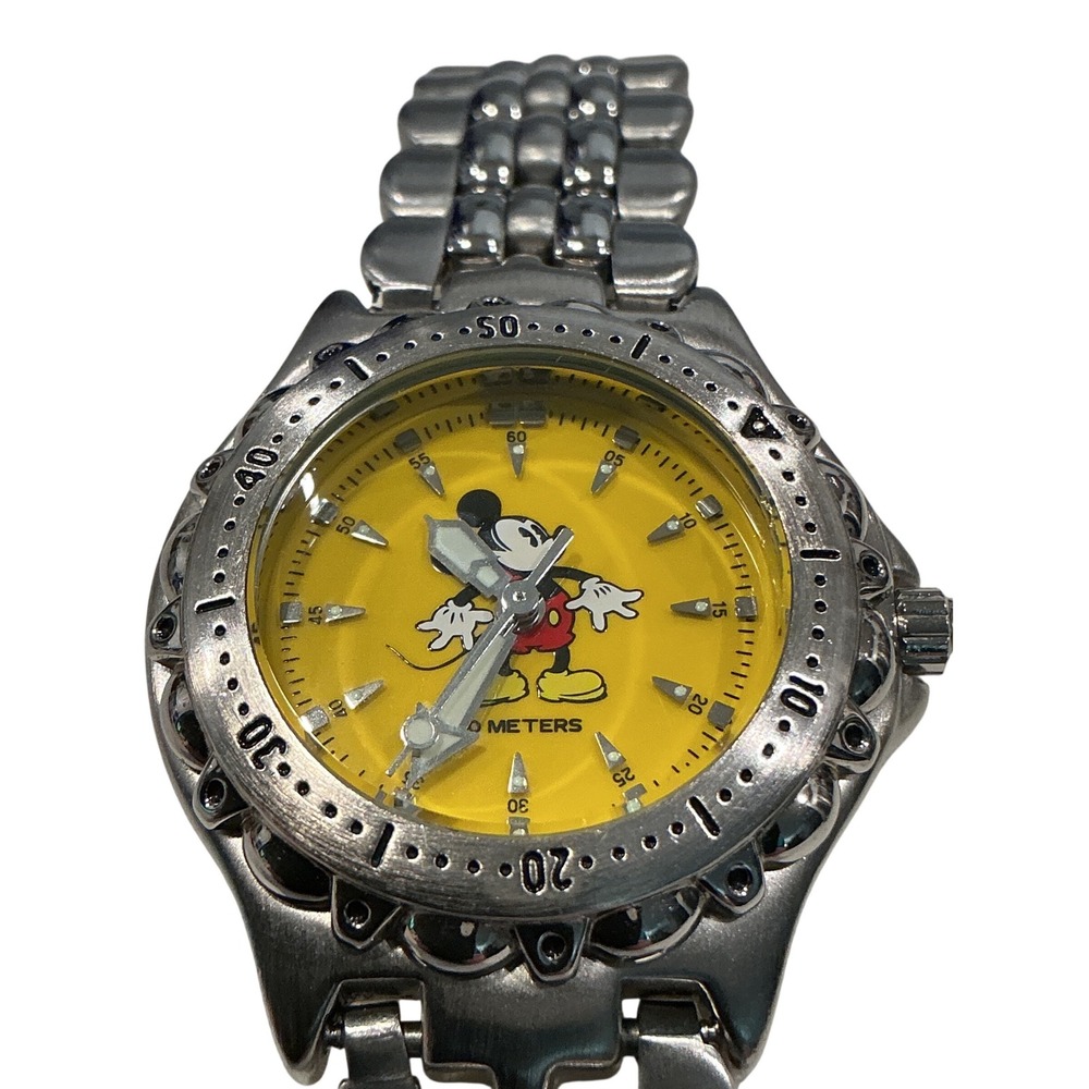 Disney Store Mickey Mouse Watch Yellow Dial Silver Steel Diver DS-407 Japan Movt